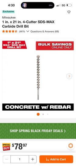 Milwaukee 1 in. x 21 in. SDS-MAX 4-Cutter Solid Carbide Drill Bit