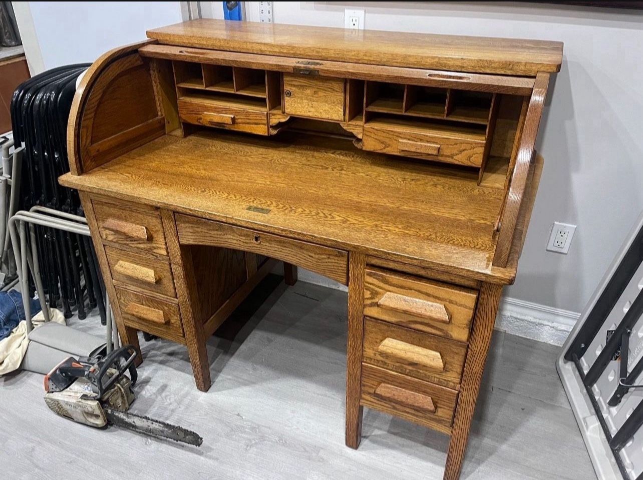Vintage Wooden Desk with Roll Top comes with Chair