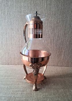 Vintage Princess House Copper & Glass Coffee Carafe with Ornate Warming Stand