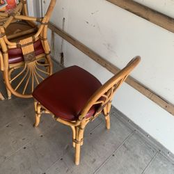 Vintage Rattan Fan-Back Chairs with Red Vinyl Seats – Boho/Mid-Century Style