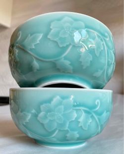 Two New Chinese Celadon Bowls w/Embossed Floral Relief Pattern
