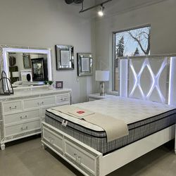 White Bedroom Set Furniture With LED Lights And Crystals King Queen Bed Dresser Mirror Nightstand 