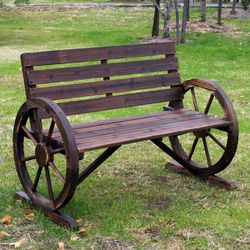 Rustic Wooden Outdoor Patio Wagon Wheel Bench Seat