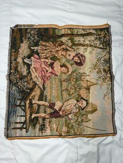 Vintage French Tapestry 20x19 Made in France – Pastoral Fishing Scene Wall Hanging