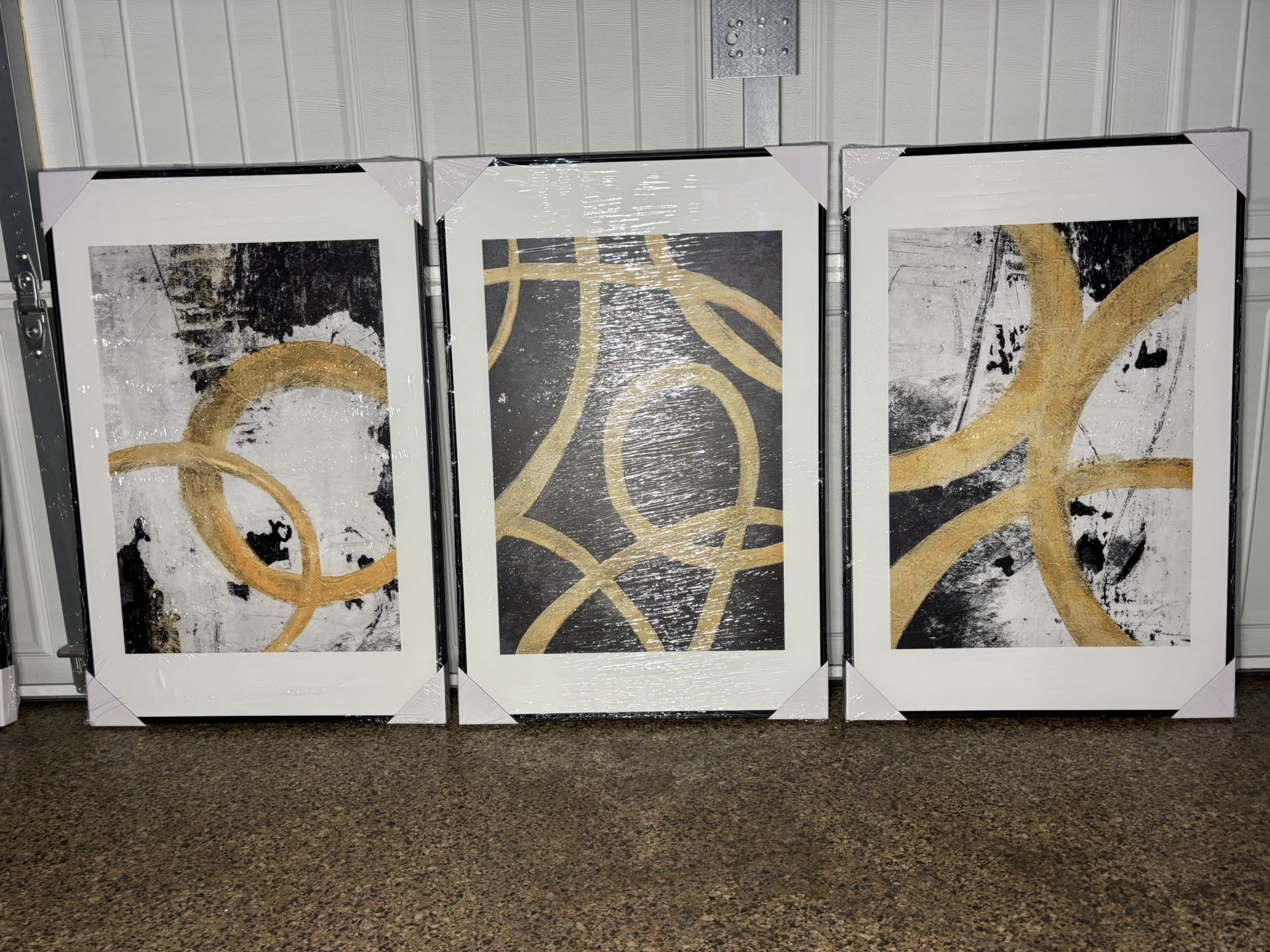 3x 24x36 New/Sealed Black Gold Abstract Canvas with Black Frames