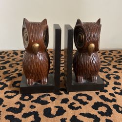 Solid Walnut Wood Carved Wise Owl Book Ends