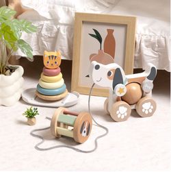 Brand New Wooden Pull Along Dog Toy with Stacking Rings Montessori Toddler Toy