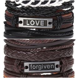 2 x Set Adjust. Size up to 9.5inc Leather Bracelet, (Love-Forgiven)