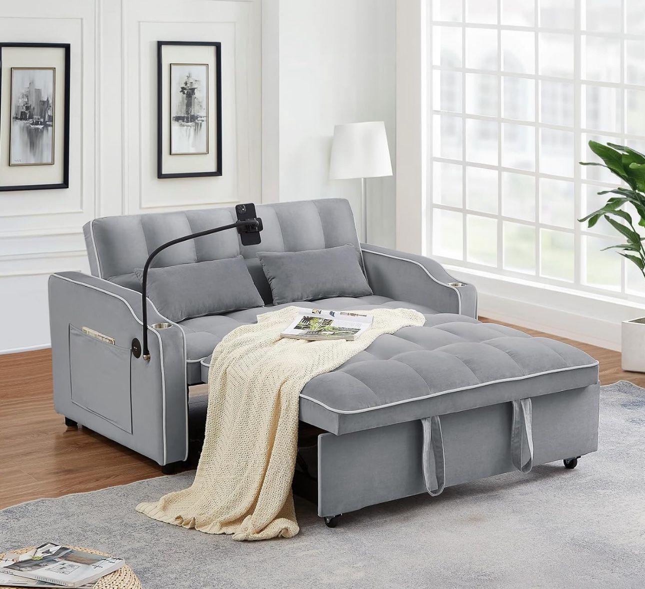 Pull Out Sofa Bed with Phone Holder, Convertible Velvet Loveseat Sleeper with 2 USB Charging Ports