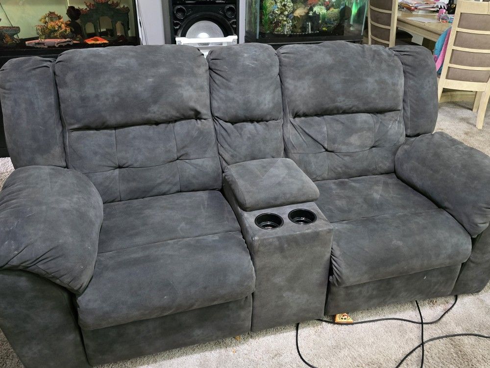 Grey Sofa And Love Seat With Recliners On Both
