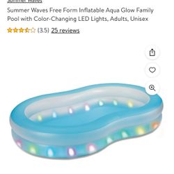 Summer Waves Free Form Inflatable Aqua Glow Family Pool with Color-Changing LED Lights, Adults, Unisex  Approximate inflated size: 103" x 62.5" x 18" 