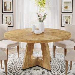 Round Dining Table for 4-6 People, 47 Inches Dining Room Table with Wooden Pedestal Base, Circle Kitchen Tables for Dining Room, Kitchen, Living Room,