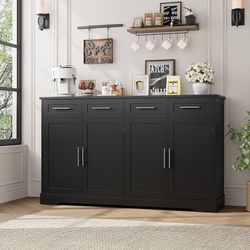  60" Large Buffet Sideboard with Storage, 36" Tall Kitchen Buffet Storage Cabinet with 4 Drawer, Modern Coffee Bar Cabinet with Silver Handle, Long Si