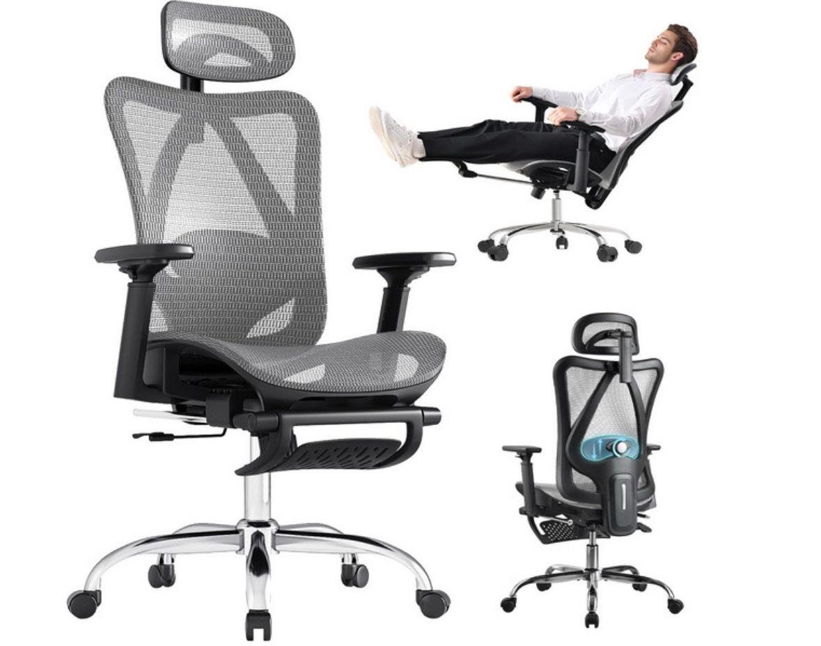 Ergonomic Office Chair, 3-Level Tilt Backrest, Breathable Mesh with Adjustable Lumbar Support, 3D Headrest and Armrests, Retractable Footrest