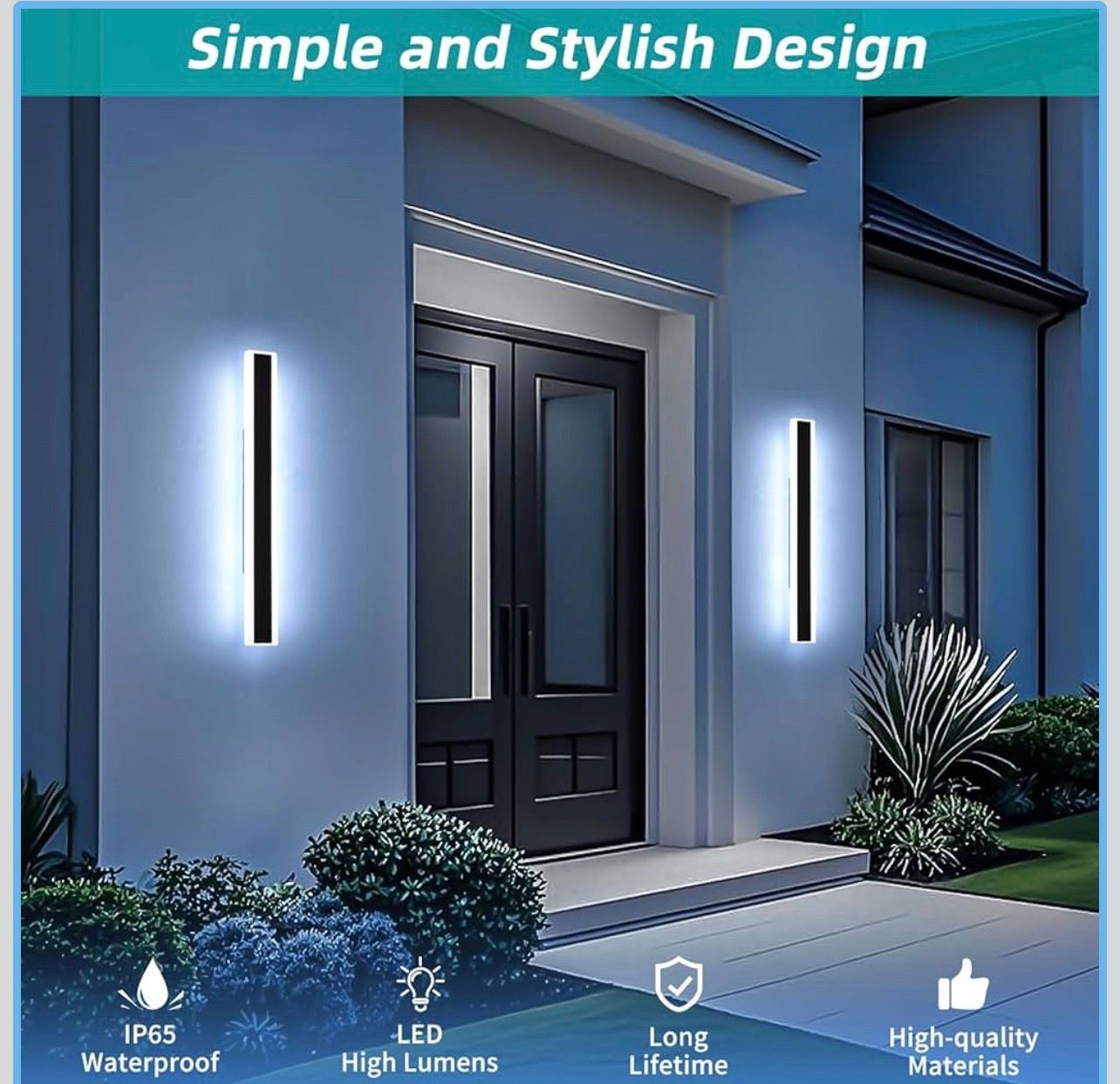 2Pack 23.6inch Long Led Wall Light, 6000k Cool White Modern Outdoor Wall Light Ip65 Waterproof Black Acrylic Porch Exterior Lighting Fixtures, Exterio