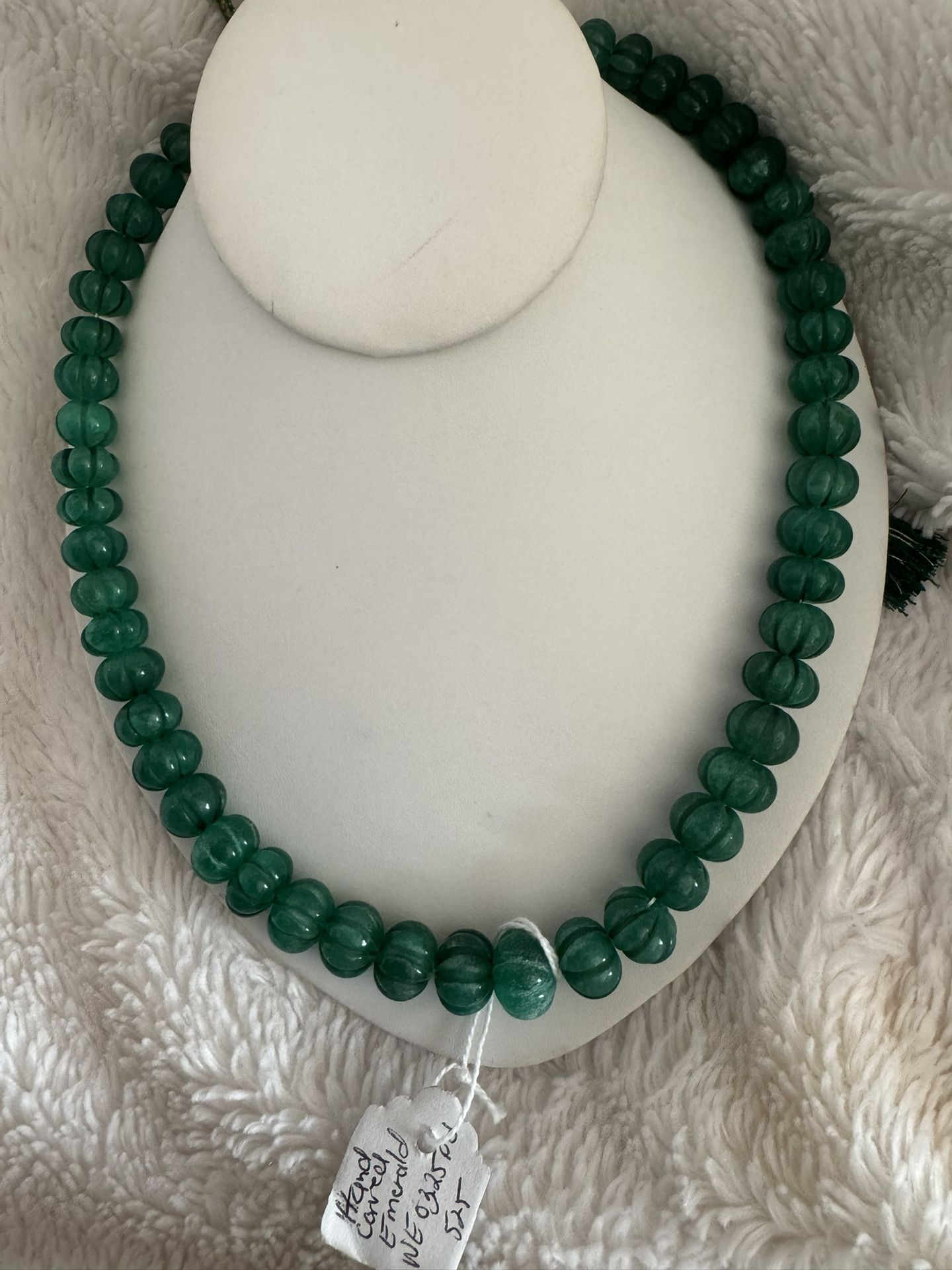 Gorgeous Green Emerald Barrel Carved Mellon Bead Necklace - 607 Ct Total Weight -Adjustable Tassel