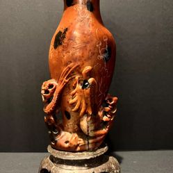 Chinese Soapstone Hand Carved Vase - Floral and Bird Motif - 8" Height