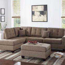 3pc Reversible Sectional Sofa Set W/ Ottoman  💢  Juego De Sofas Color Cafe Nuevos En Caja 