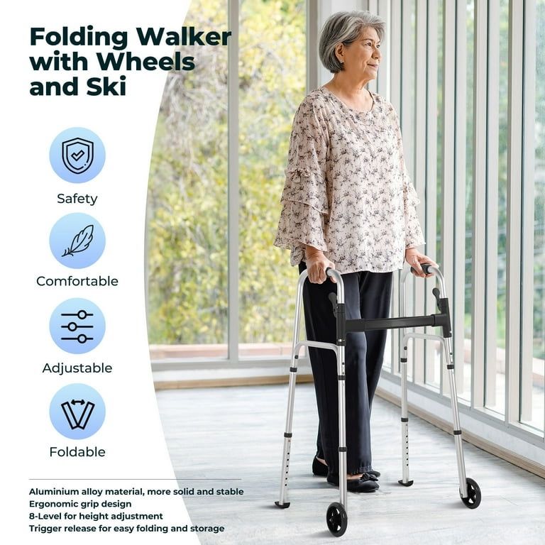 Folding Walkers for Seniors, Lightweight Mobility Walker with Trigger Release and Glide Skis, Silver