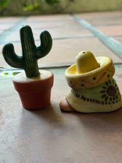Ceramic Cactus and Sombrero Salt and Pepper Shakers