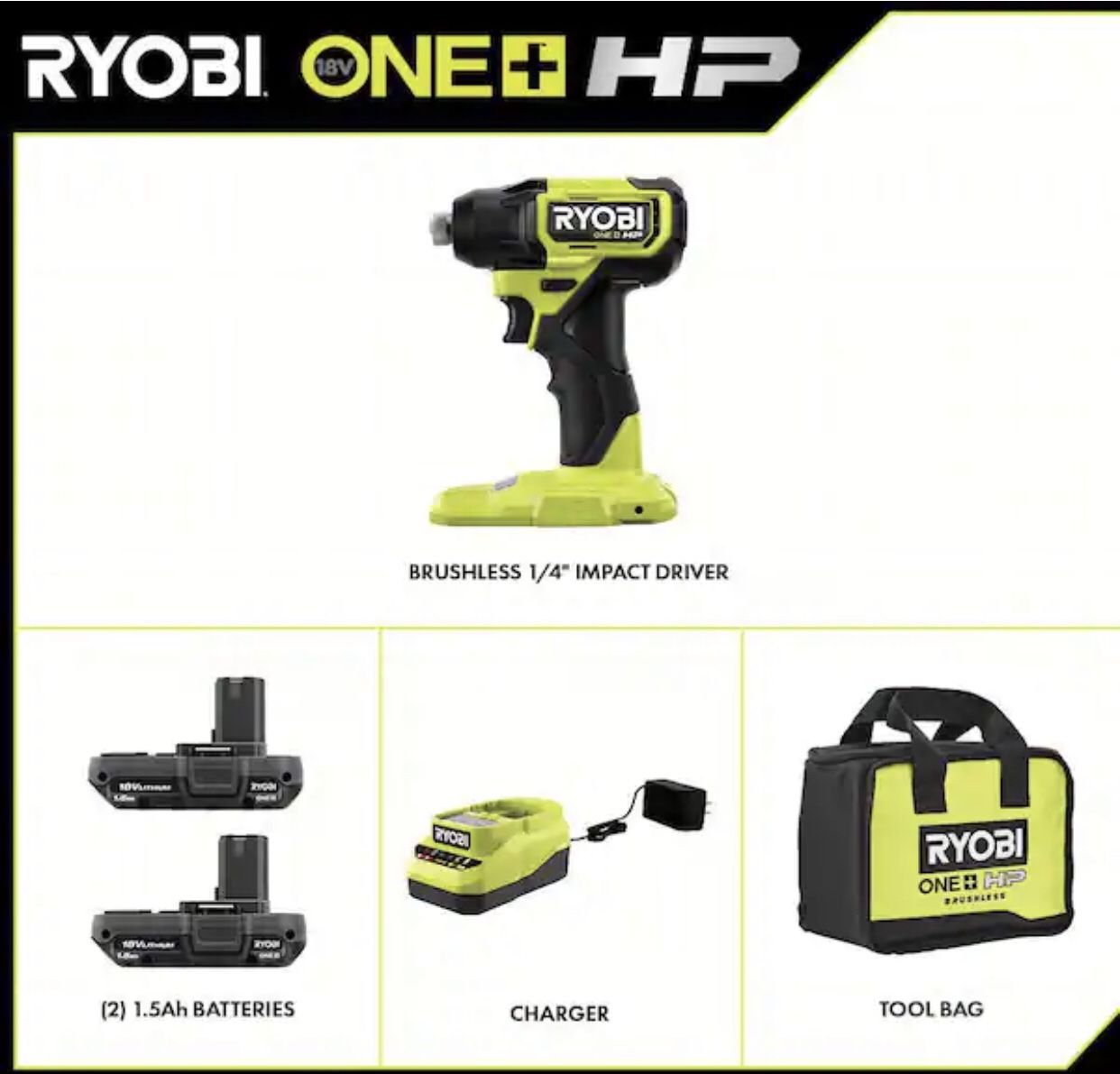 RYOBI Brushless Cordless Compact 1/4 in. Impact Driver Kit with (2) 1.5 Ah Batteries, Charger and Bag