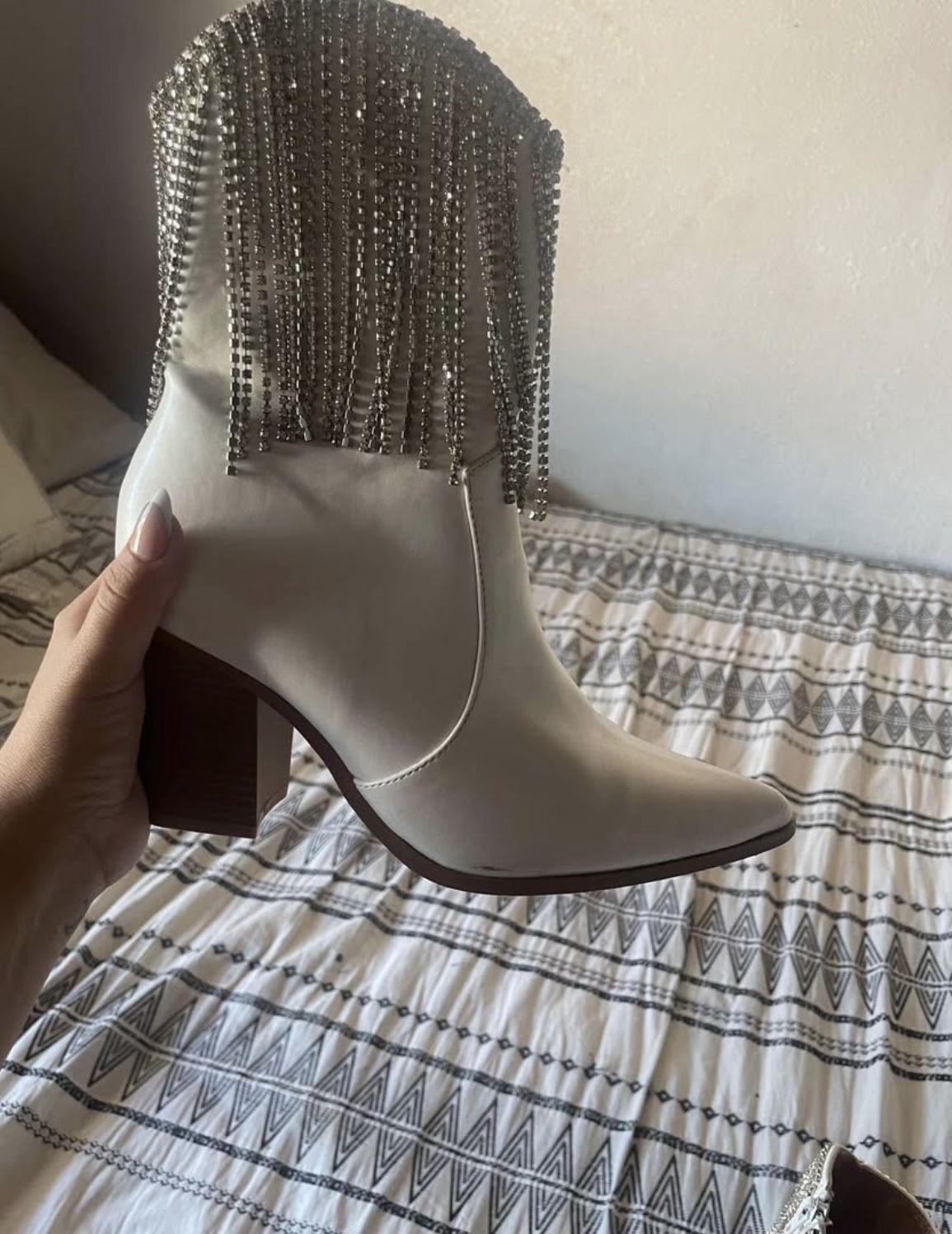 White Bedazzled Fringe Boots 