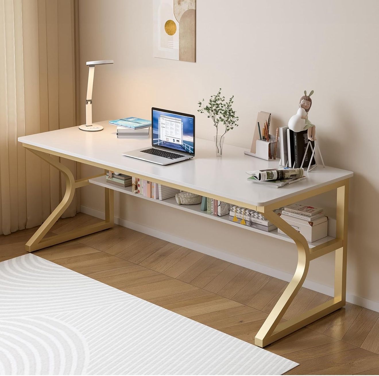 New Extra Long Computer Desk With Bookshelf 