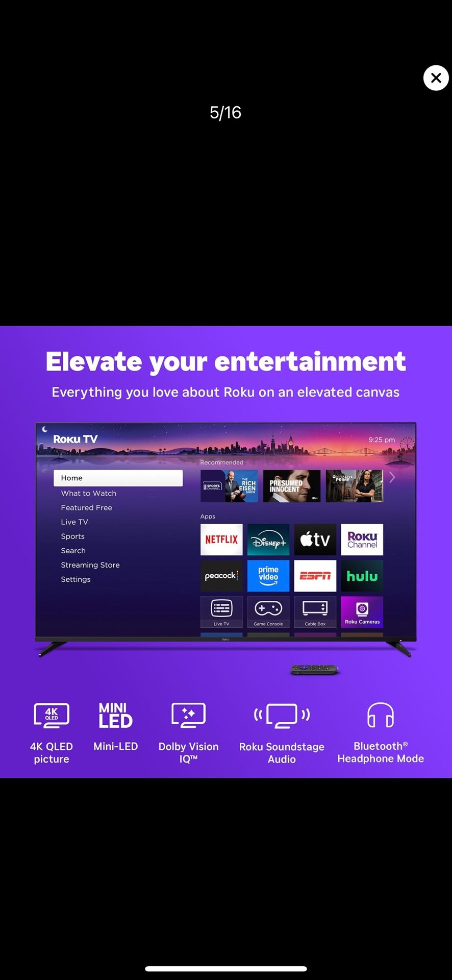 Roku Smart TV – 65-Inch Pro Series 4K QLED RokuTV with Backlit Roku Voice Remote Pro, Dolby Vision IQ, 120Hz Refresh Rate – Live Local News, Sports, G