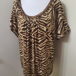 Sheer Overlay Animal Print Blouse With Beads Size 1X