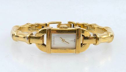 Vintage GUCCI Bangle 6800L Watch Gucci Ladies Bangle Gold Tone Bamboo Wristwatch with MOP Dial