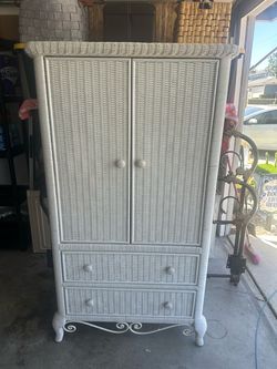 White Wicker Armoire with Drawers