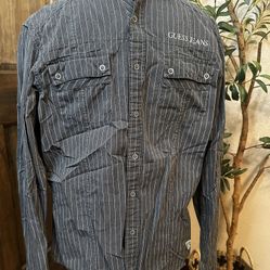 Guess Jeans Vtg Men's Shirt, Black Grey Stripe Long Sleeve Snap Button Up Size M