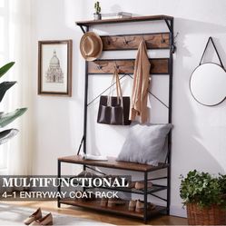 3-in-1 Entryway Coat Rack, Vintage Industrial Hall Tree 72 Inch with Storage Bench and Coat Racks Entryway Storage Shelf Organizer with 9 Hooks, Large