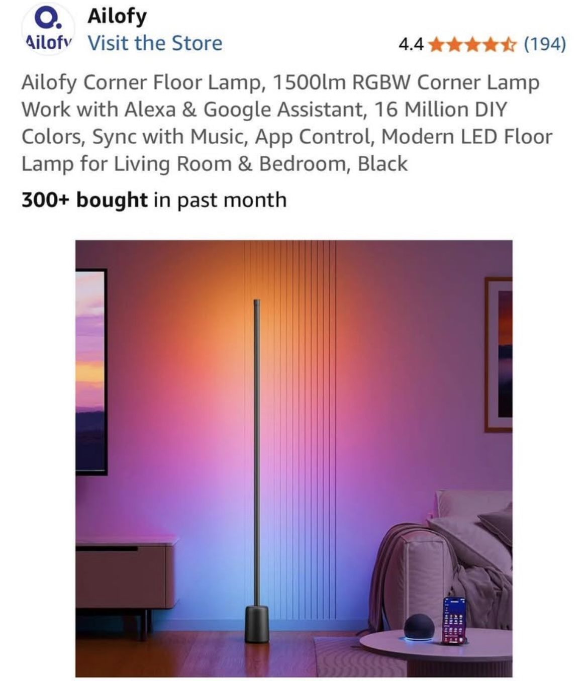 Ailofy Corner Floor Lamp, 1500lm RGBW Corner Lamp Work with Alexa & Google Assistant, 16 Million DIY