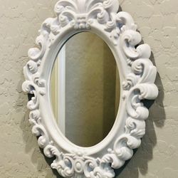Adorable Small White Wall  Mirror. Durable Plastic Frame. 13” T  x 10” W