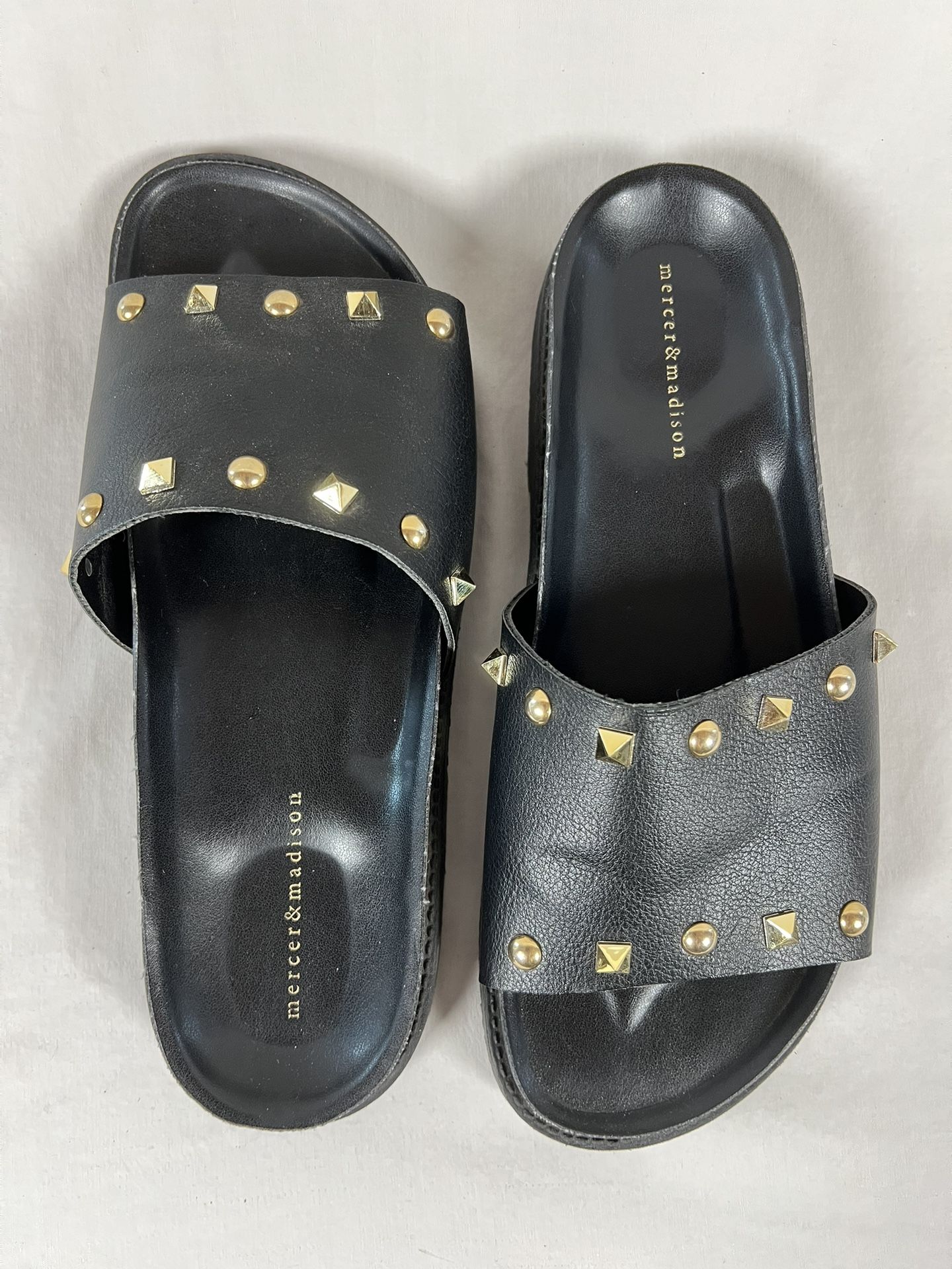 Mercer & Madison Black & Gold Studded Slides Flip Flops