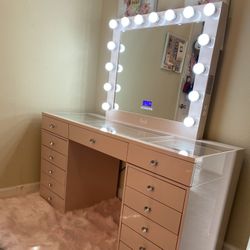 Makeup Vanity Glass top with Bluetooth Mirror / chair is separately , In Stock price includes delivery 