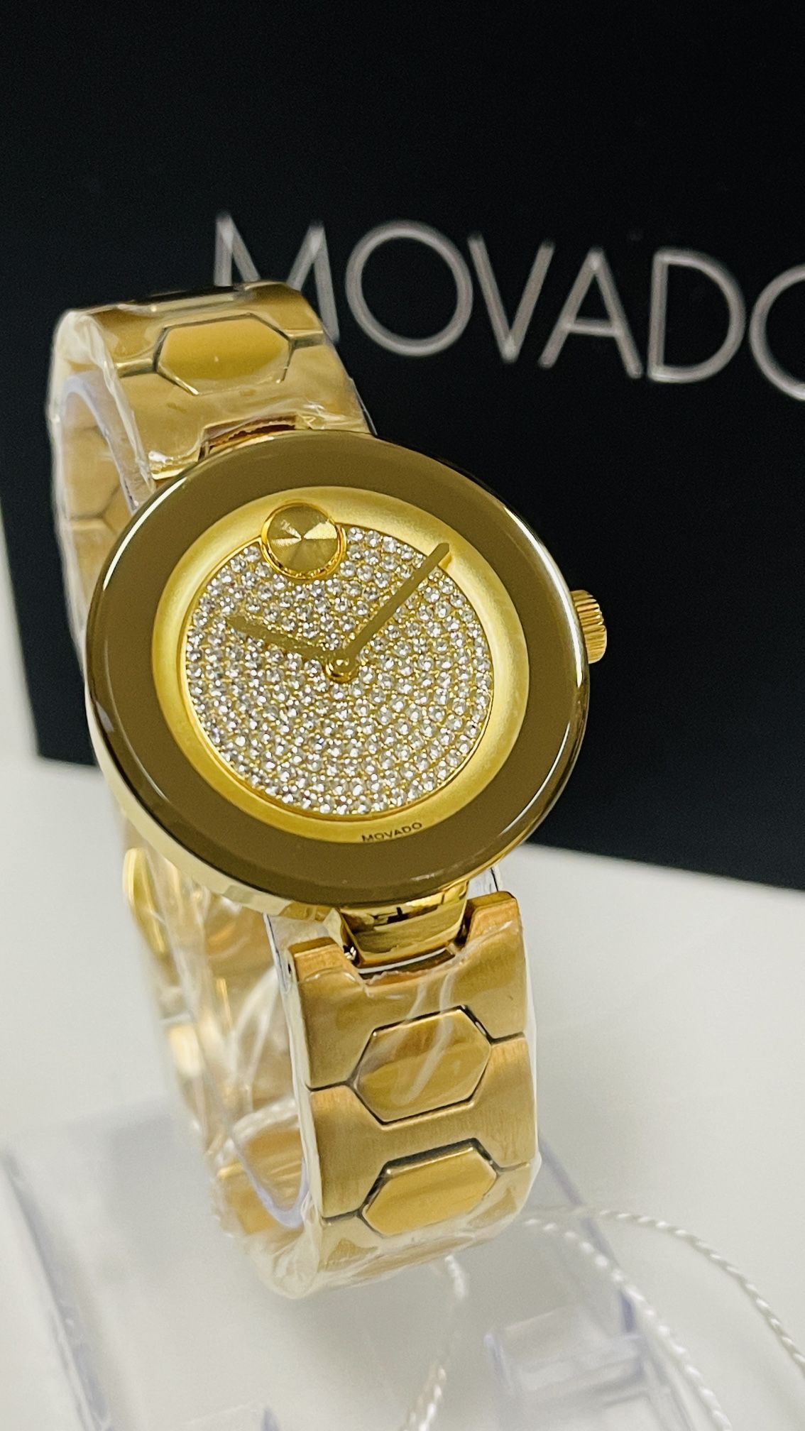 Movado Crystal Dial Gold Tone Ladies Watch