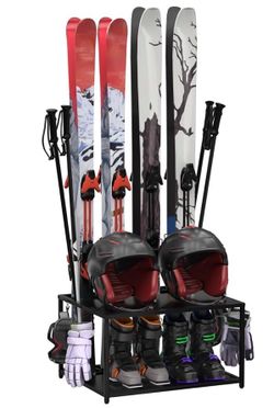 Freestanding Ski Holders for 4Pairs of Skis Ski Boot, Poles,Goggles, Helmet and More,Storage Rack for Garage, Heavy Duty Steel Floor Stand Ski Organiz