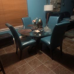 Glass Table and Faux Aqua Blue Leather Chairs