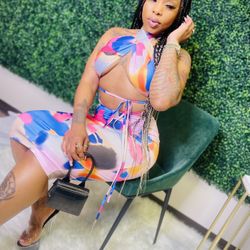 Tie Dye Cross Tie Back Halter Top & Ruched Skirt