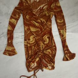 Shein orange and yellow swirl patterned mini dress with long sleeves