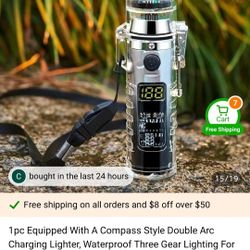 1pc Equipped With A Compass Style Double Arc Charging Lighter, Waterproof Three Gear Lighting For Outdoor Travel, Flashlight, Exquisite Gift Box, Holi