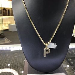 10k Gold With Diamond Initial Pendant With 10k Gold Rope Chain On Special!