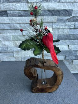 Xmas Cardinal Bird On Pine Branch With Wood Vase