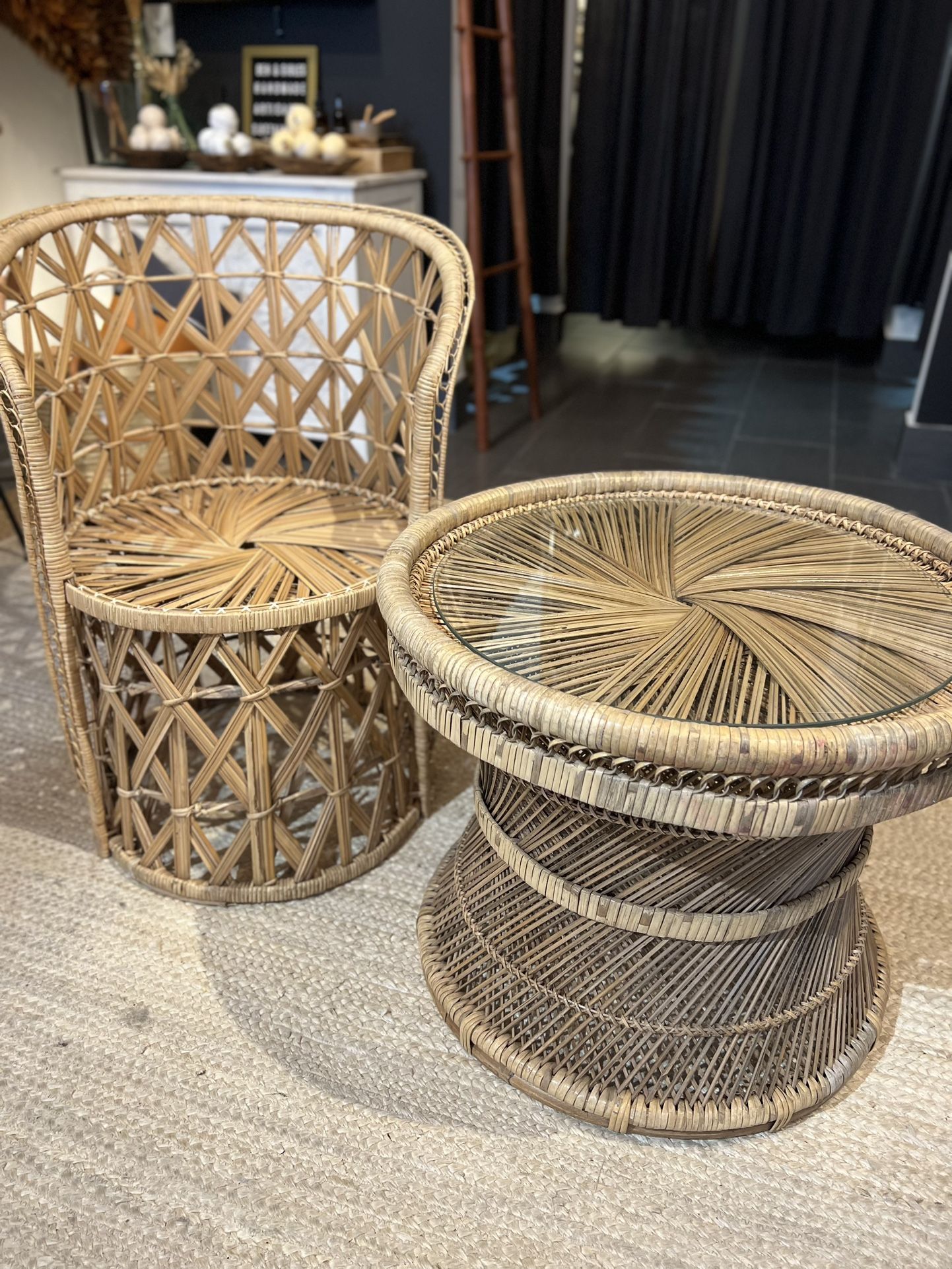 Boho Wicker Side Table With Glass