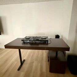 L shaped standing electric desk dark brown