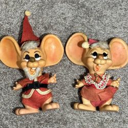 Vintage 70s Christmas Collectibles Big Ear Mr Mouse Santa And Mrs Claus Couple Set Vinyl Dolls