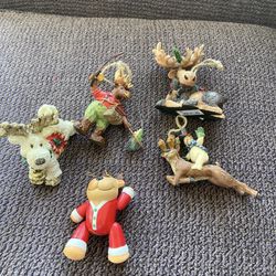 Lot of 5 Reindeer/Moose Ornaments including Fishing Moose and Avon 1994