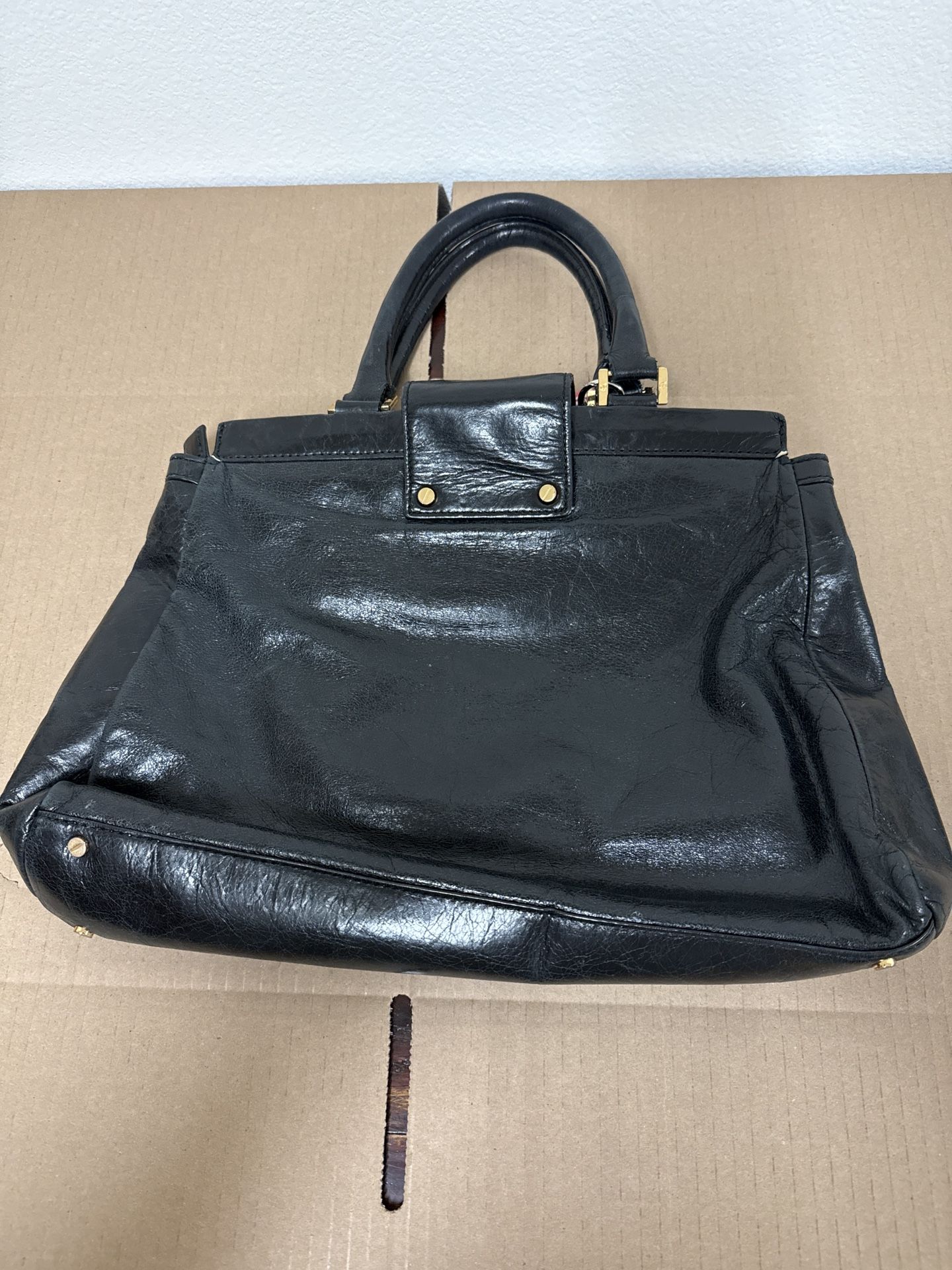 Tory Burch Holland Black Leather Satchel Bag Removable Crossbody Strap Mirror